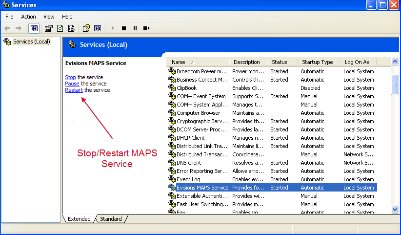 Microsoft Windows Services dialog where the MAPS Service can be started and stopped.